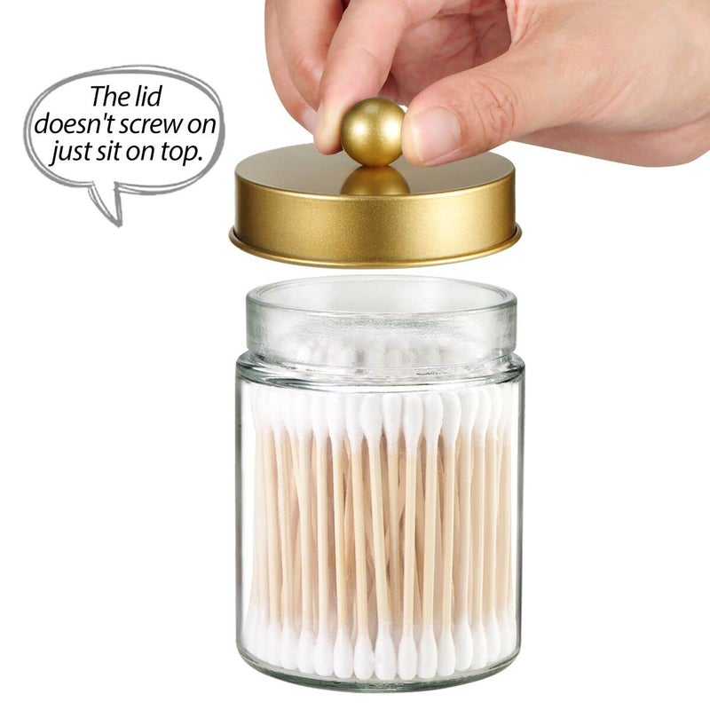 Komashr Apothecary Jar Canisters Bathroom Vanity Organizer - Qtip Holder Storage Organizer Countertop -Stainless Steel Lids &Cute Stickers for Qtips,Cotton Swabs,Makeup Sponges,Floss(3 Pack) (Gold) - Image 3